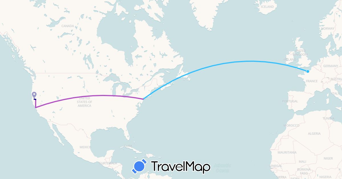 TravelMap itinerary: driving, train, boat in France, United States (Europe, North America)